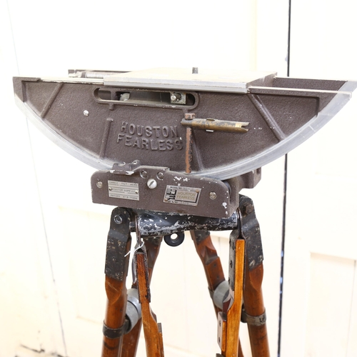 227 - WITHDRAWN - HOUSTON FEARLES - a professional cine camera tripod head on a set of Moy pre-war wooden ... 