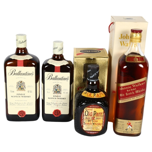 247 - Johnnie Walker, a 1 litre bottle of Red Label Blended Scotch Whisky, Ballantines, a 1 litre bottle o... 