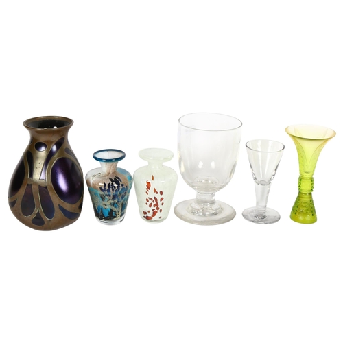 259 - A large 19th century rummer, an 18th century shot glass, a uranium glass vase, a brass overlay vase,... 