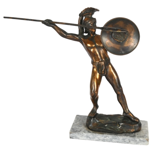 263 - A patinated brass sculpture of a spear-throwing Achilles, on a marble base, H32cm