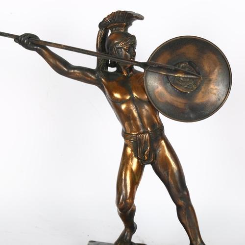 263 - A patinated brass sculpture of a spear-throwing Achilles, on a marble base, H32cm