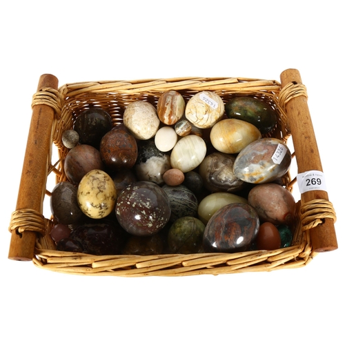 269 - A basket-full of ornamental eggs of various sizes and dimensions, basket H15cm, L30cm, W25cm.