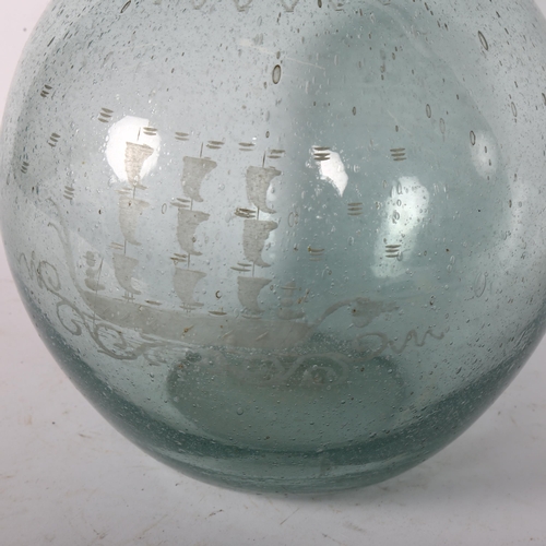 272 - A Vintage bubble glass, ovoid style glass with etched maritime decoration, height 30cm, diameter 24c... 