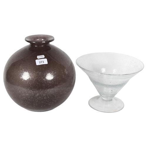 273 - A bubble glass cone-shaped bowl, and a bubble glass ovoid styled vase, largest height 27cm, diameter... 