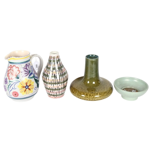 280 - POOLE POTTERY - a Poole Pottery hand painted jug, a Poole Pottery vase, and a long-neck vase, unsign... 