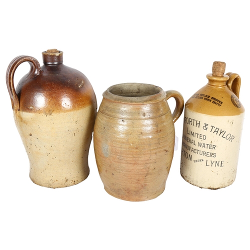 281 - An 18th century salt glazed stoneware flagon, unmarked, a stoneware flagon inscribed Cornforth & Tay... 