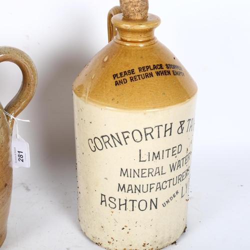 281 - An 18th century salt glazed stoneware flagon, unmarked, a stoneware flagon inscribed Cornforth & Tay... 