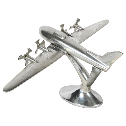 284 - A polished aluminium aeroplane ornament, with 4 propellers, H22cm, W49cm, L30cm