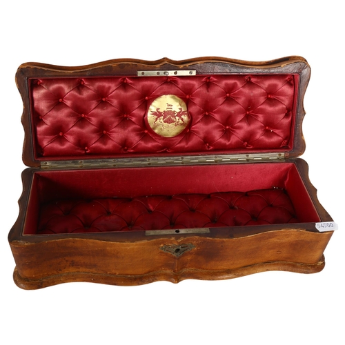 289 - A 19th century beechwood glove box, with fabric inlay, fabric inlay is inscribed 