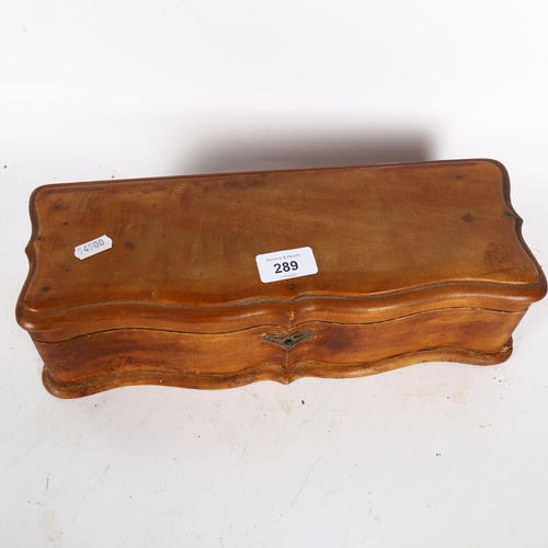 289 - A 19th century beechwood glove box, with fabric inlay, fabric inlay is inscribed 