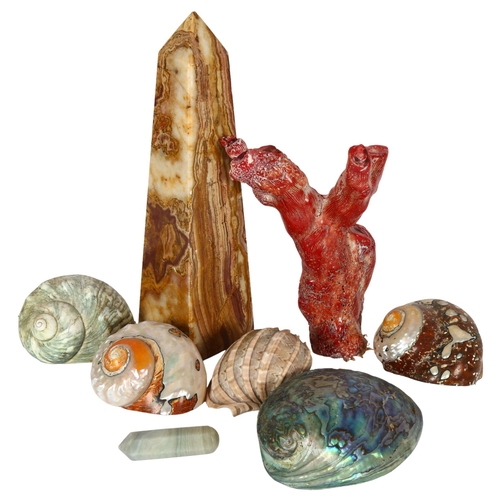 301 - A quantity of coloured shells and stone ornaments, including an agate pyramid tower