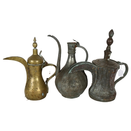 302 - A 19th century Middle Eastern dallah oversized Arabic Bedouin copper coffee pot, and 2 souvenir coff... 