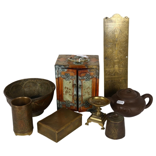 303 - A Yixing teapot, a brass-bound wooden jewellery box with jade panels, a quantity of Middle Eastern m... 