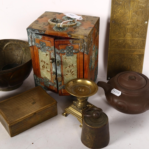 303 - A Yixing teapot, a brass-bound wooden jewellery box with jade panels, a quantity of Middle Eastern m... 