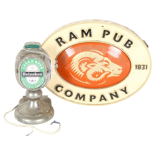 305 - A Vintage Heineken beer tap and metal sign, and a ceramic plaque advertising The Ram Pub Company, la... 