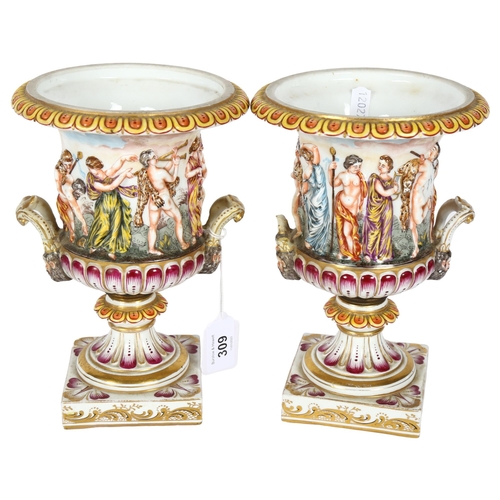 309 - A pair of early 20th century Naples vases on marble bases, H21cm