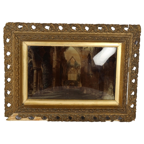 311 - A 19th century crystoleum print behind convex glass, Tintern Abbey, gesso frame, overall frame dimen... 