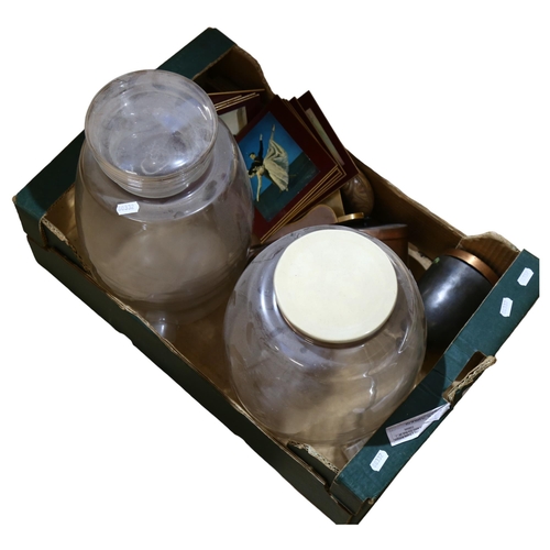 316 - 2 similar large glass dispensers, 2 similar Vintage brass tea caddies etc