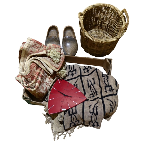 330 - A Tribal decorated throw, a large wicker basket, a pair of Vintage clogs etc