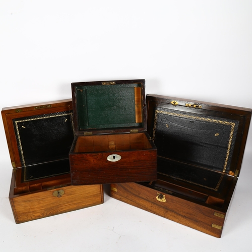 335 - 19th century rosewood box with inlaid mother-of-pearl, W27cm, a mahogany writing slope, and a walnut... 