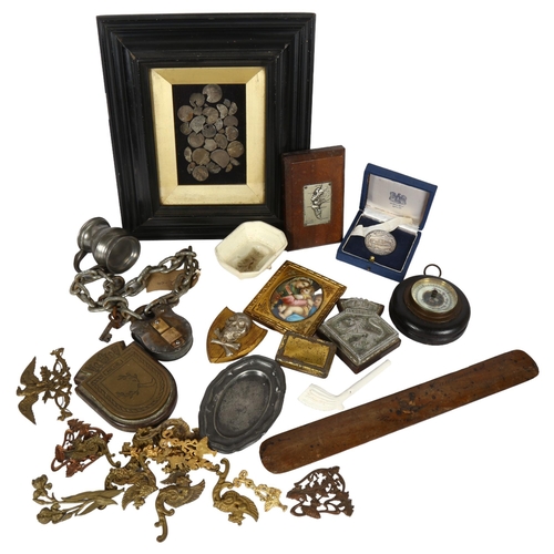 336 - A box of interesting items, including an icon, 10cm, Antique padlock and chain with key, miniature j... 