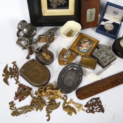 336 - A box of interesting items, including an icon, 10cm, Antique padlock and chain with key, miniature j... 