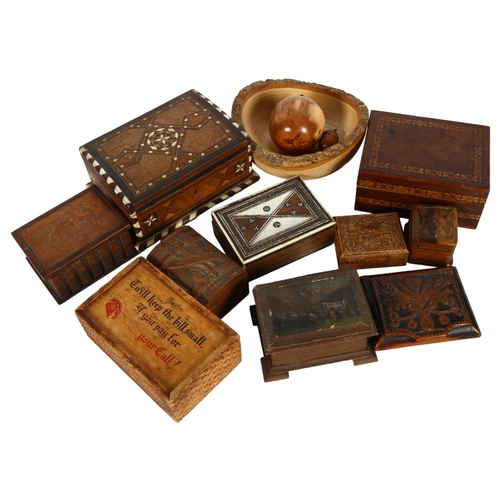 338 - Eastern inlaid boxes, miniature carved trunk, Masonic olive wood stamp box and another, carved wood ... 