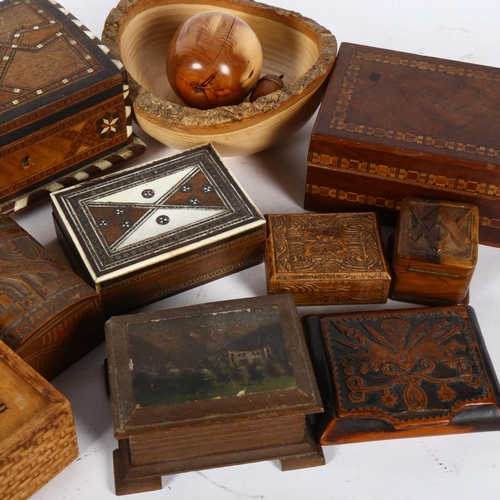 338 - Eastern inlaid boxes, miniature carved trunk, Masonic olive wood stamp box and another, carved wood ... 