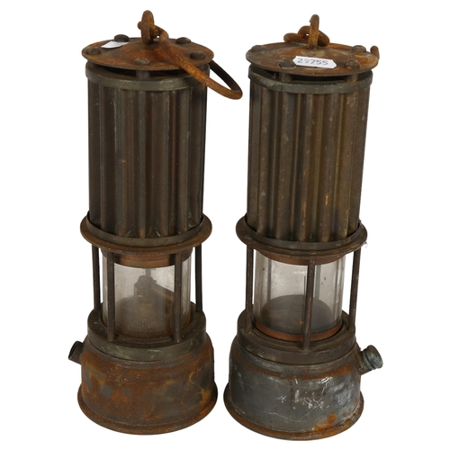 341 - 2 Antique metal miner's lamps, H27cm