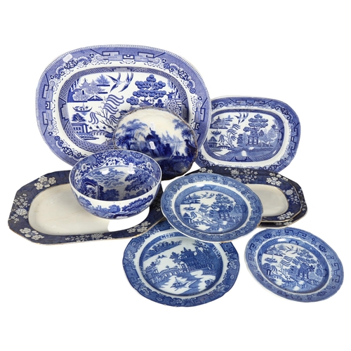 344 - A Victorian Willow pattern meat plate, 45cm, Willow pattern and other blue and white plates, and a S... 