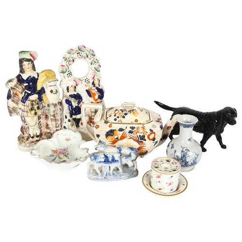 349 - A Royal Doulton Labrador, a Victorian teapot and Staffordshire figures, pen stand etc