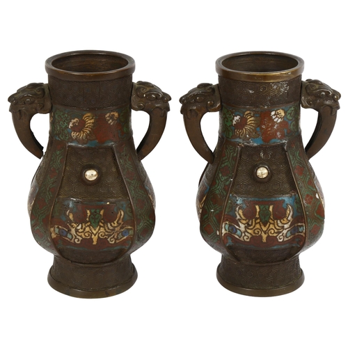 4 - A pair of Chinese bronze and enamel archaic style vases, with mythical beast handles and enamelled b... 