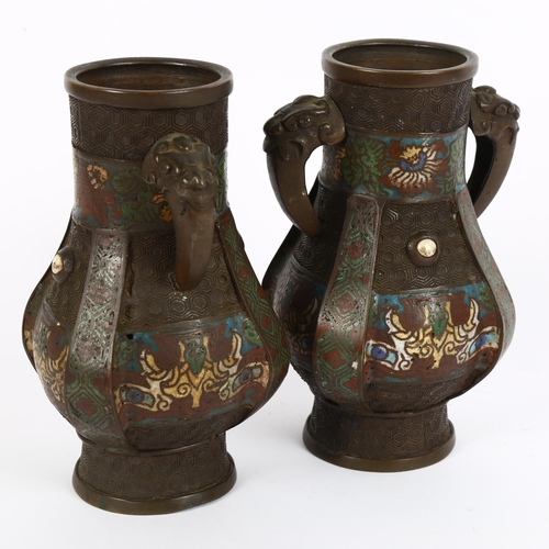 4 - A pair of Chinese bronze and enamel archaic style vases, with mythical beast handles and enamelled b... 