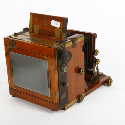 43 - A mahogany and brass-plate half camera, no maker's plaque or name, patents nos. 14940-1905 and 1635-... 