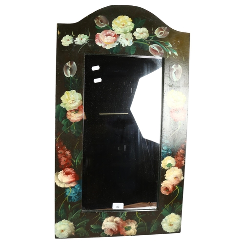 83 - A floral painted framed arch-top wall mirror, 45 x 78cm