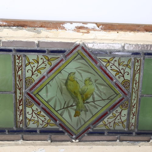 89 - A Victorian coloured leadlight window panel, framed, 37 x 120cm overall, glass panel 28 x 110cm appr... 