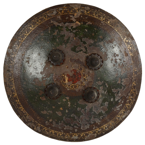 9 - A 19th century Indian Dhal shield of convex form, with painted decoration and studded with 4 large b... 