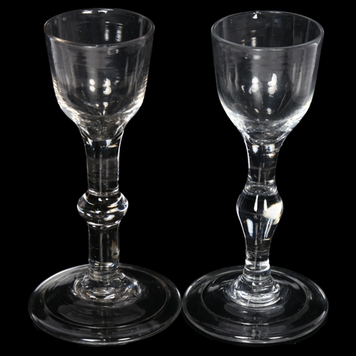 98 - 2 similar Georgian wine glasses with straight stems and single knops, both on folded foot, both H13.... 