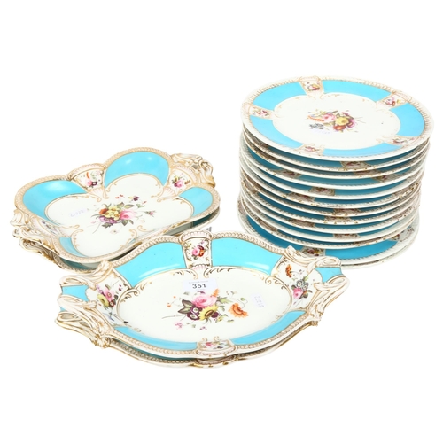 351 - A Victorian porcelain dessert service, comprising 2 pairs of comports and 13 plates, with painted fl... 