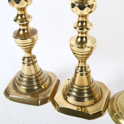 358 - A pair of brass open twist candlesticks, 26cm, and a pair of 19th century turned brass candlesticks