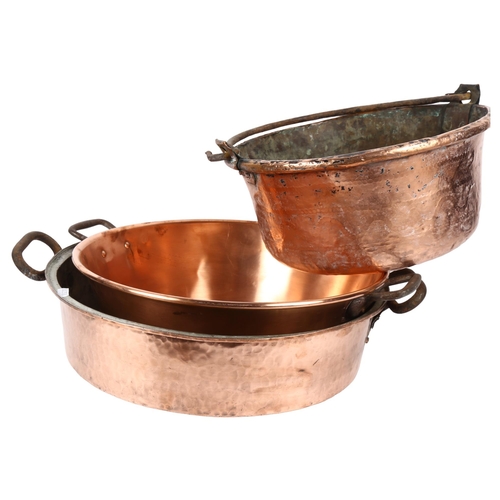 361 - 2 copper 2-handled jam pans, largest 50cm diameter, and a copper pan with iron swing handle (3)