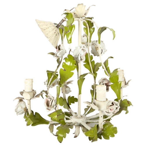 364 - A painted metal chandelier, with foliate decoration and ceramic roses, height 54cm, diameter 40cm