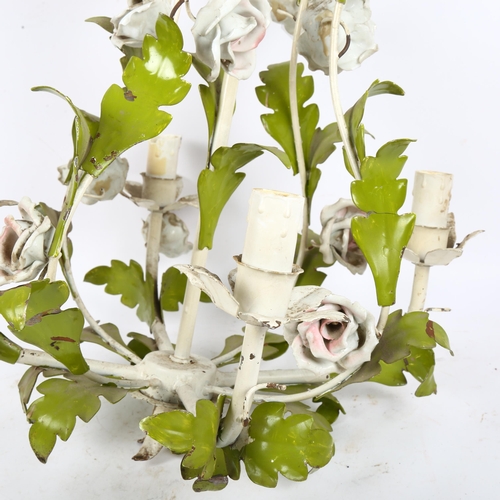 364 - A painted metal chandelier, with foliate decoration and ceramic roses, height 54cm, diameter 40cm