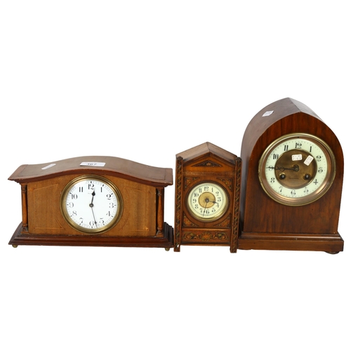 367 - A small carved and painted mantel clock, 16.5cm, an arch-top clock and a small French mantel clock