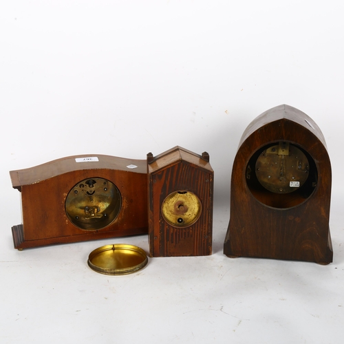 367 - A small carved and painted mantel clock, 16.5cm, an arch-top clock and a small French mantel clock