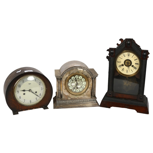 368 - A Vintage mantel clock in silver plated case with pillar supports, H22cm, a Gothic clock, and a Smit... 