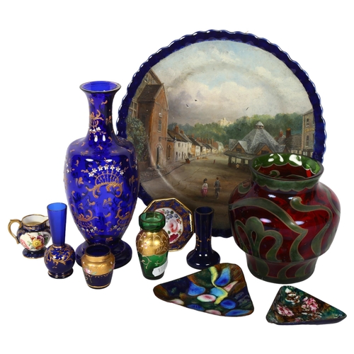 379 - A quantity of glassware and ceramics, including various Bohemian overlay vases, an Art glass vase et... 