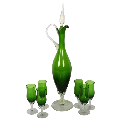 392 - A Continental green glass liqueur set, jug height 43cm