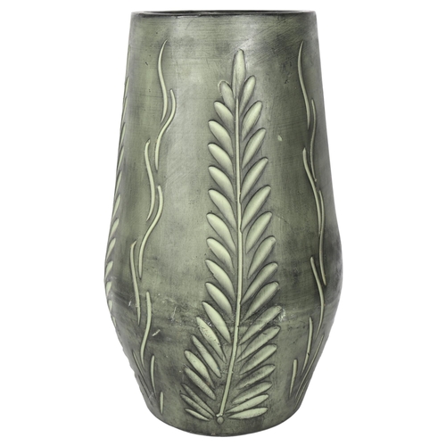 395 - A large green glazed incised pottery vase, with foliate decoration, 48cm