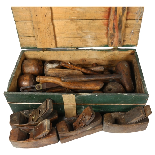 407 - A box of lead worker's tools, bobs, and various woodworking planes